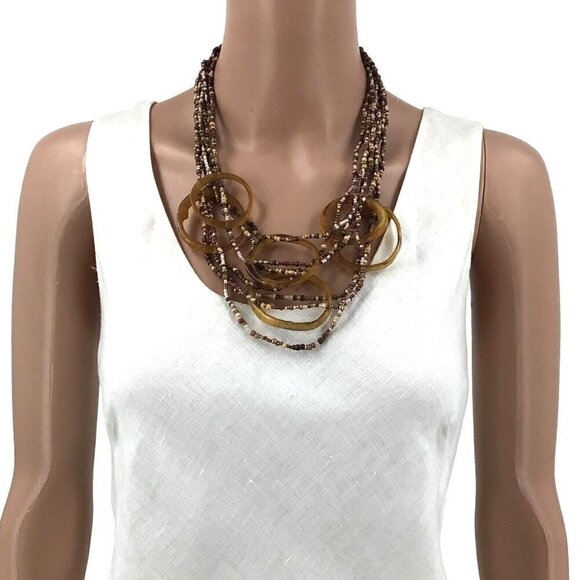 Chunky Boho Statement Necklace Multi Strand Earth Tone Beaded Casual Career - Picture 2 of 2
